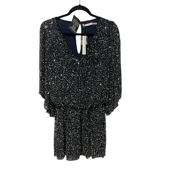 NWT Alice + Olivia Sheer Sleeve Sapphire Navy Sequin Embellished Mini Dress XS